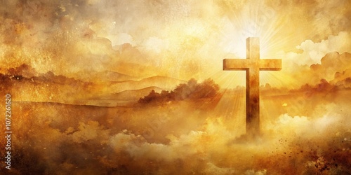 Glowing Gold Cross in Watercolor Texture for Worship