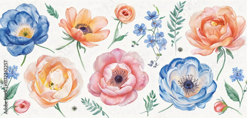 Seamless pattern of watercolor flowers in vibrant pinks, oranges, and blues photo