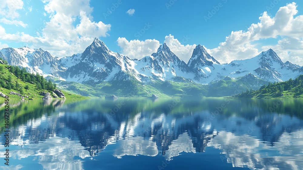 Fototapeta premium A serene landscape featuring snow-capped mountains reflecting in a tranquil lake under a clear blue sky with fluffy clouds.