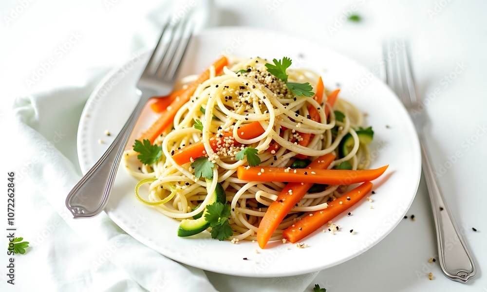 Healthy Spaghetti Salad with Fresh Vegetables and Herbs on a White Plate