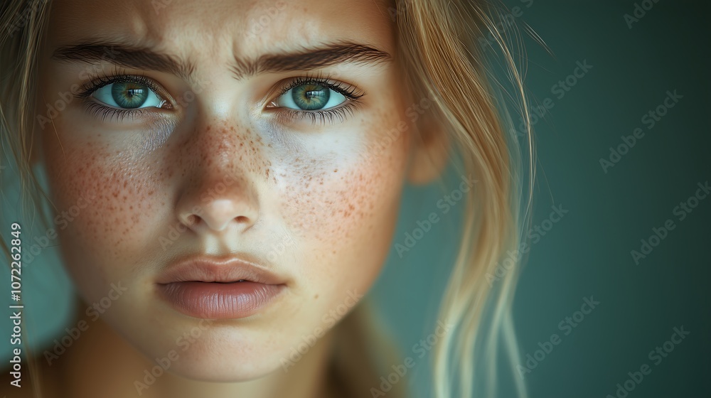 A close-up focusing on the young woman's face. Her expression shows anxiety, with a slight frown and slight tension in her eyes and mouth, suggesting anxiety or uncertainty. A close-up focusing on the young woman's face. Her expression shows anxiety, with a slight frown and slight tension in her eyes and mouth, suggesting anxiety or uncertainty.