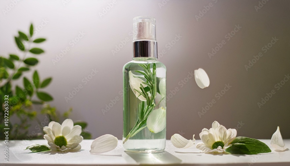 Cosmetic bottles with natural herbs and flower petals Cosmetic bottles with natural herbs and flower petals