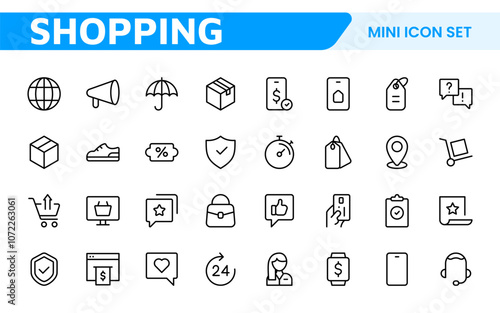 Shopping Icon Set. Vibrant and engaging icons for enhancing e-commerce platforms, perfect for product listings, cart management, and checkout processes to elevate the online shopping experience.