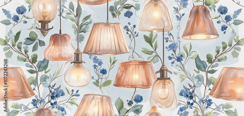 Seamless pattern of decorative lamps and floral designs in soft colors photo