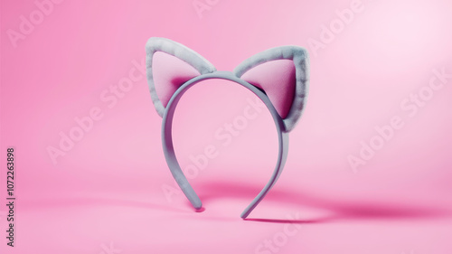 Adorable pink and gray cat ear headband, perfect for playful outfits and parties. Ideal accessory for animal lovers and cosplay enthusiasts. photo