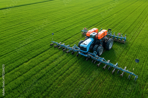 Modern tractor cultivating green field during growing season