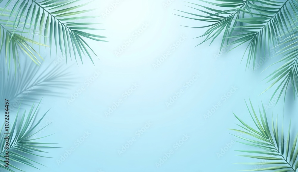 Palm Leaf Fronds Frame a Blue Background with Shadows Palm Leaf Fronds Frame a Blue Background with Shadows
