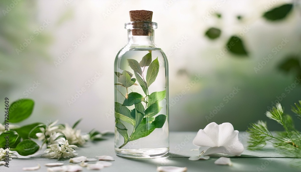 Cosmetic bottles with natural herbs and flower petals Cosmetic bottles with natural herbs and flower petals