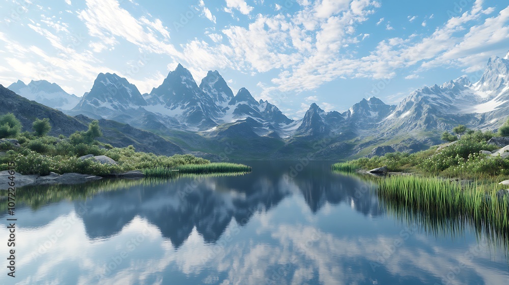 Fototapeta premium A serene landscape featuring majestic mountains reflected in a tranquil lake, surrounded by lush greenery and a clear, blue sky.