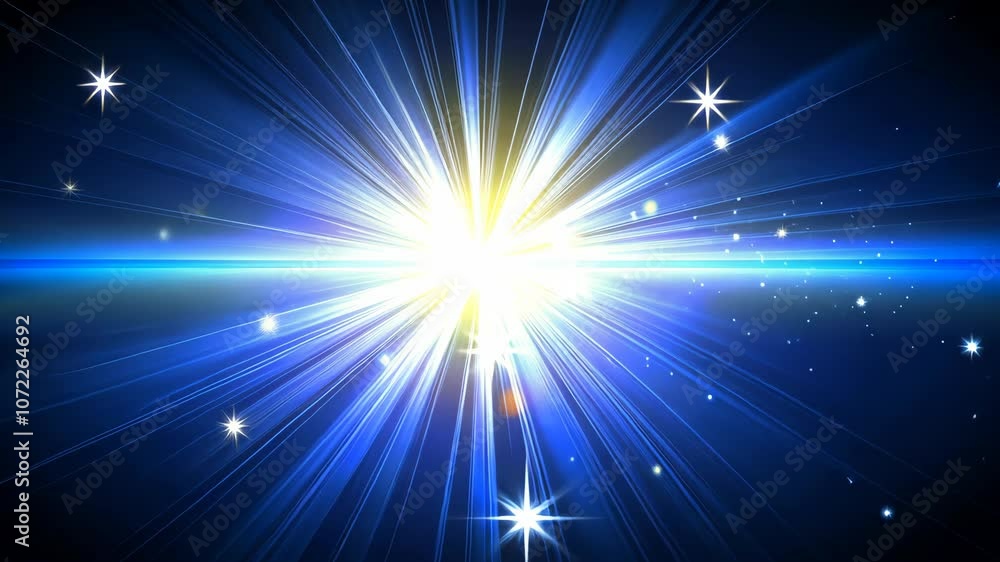 A bright, white light shines in the center of a blue and black background, surrounded by many stars A bright, white light shines in the center of a blue and black background, surrounded by many stars