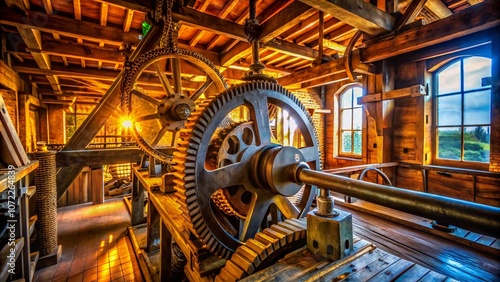 Intricate Mechanisms and Moving Parts Inside a Traditional Dutch Windmill Captured in Portrait Photography Style, Showcasing the Beauty of Engineering and Heritage