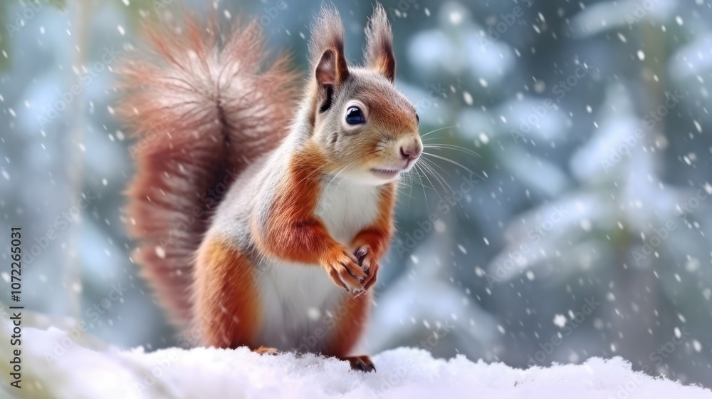 A cute red squirrel stands in snow, capturing the essence of winter wildlife. Fluffy, curious, and surrounded by falling snowflakes, it’s an enchanting nature scene. A cute red squirrel stands in snow, capturing the essence of winter wildlife. Fluffy, curious, and surrounded by falling snowflakes, it’s an enchanting nature scene.