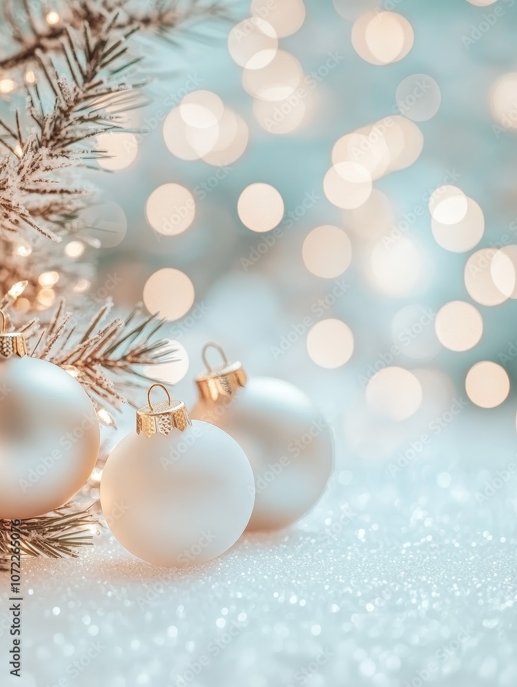 Close-up of white Christmas ornaments on a snowy surface with soft bokeh lights in the background, holiday decor, seasonal, winter scene Close-up of white Christmas ornaments on a snowy surface with soft bokeh lights in the background, holiday decor, seasonal, winter scene