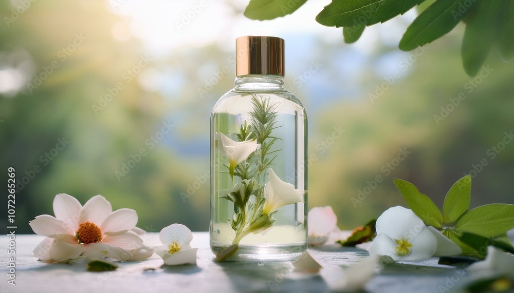 Cosmetic bottles with natural herbs and flower petals Cosmetic bottles with natural herbs and flower petals