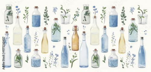 Watercolor bottles filled with flowers and herbs in a soft pastel design photo