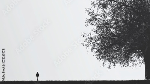 black and white photo. Minimalistic city park scene with a lone figure walking under trees, set against a backdrop of tall buildings. The silhouette style and muted colors evoke a peaceful, introspect
