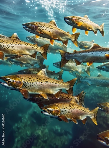 A school of fish swims in the ocean.