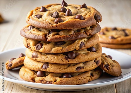 Isolated Closeup of a Stack of Delicious Brown Chocolate Chip Cookies on a White Plate, Ideal for a Sweet Snack or Dessert, Perfectly Arranged for an Inviting Presentation