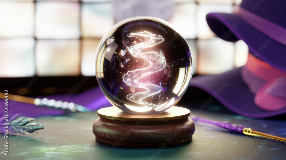 A mystical crystal ball swirls with vibrant energy, resting on a wooden base beside colorful feathers and a purple magician's hat. A mystical crystal ball swirls with vibrant energy, resting on a wooden base beside colorful feathers and a purple magician's hat.