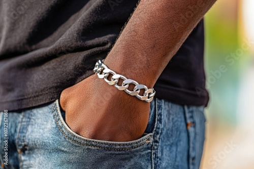 Showing a hand wearing a stylish silver chain bracelet, showcasing fashion and personal style.