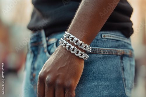 Hand wearing a stylish silver chain bracelet, demonstrating fashion and style.