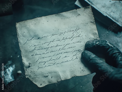 A hand holding an old, handwritten letter with faded ink, lying on a textured surface with dust and debris surrounding it. photo