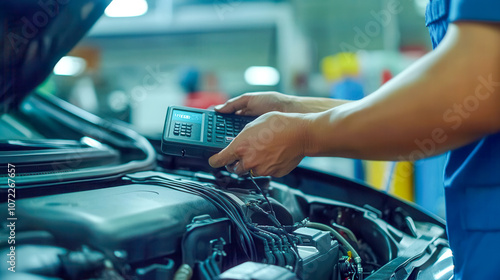 Mechanic diagnoses vehicle issues using advanced diagnostic equipment for optimal performance