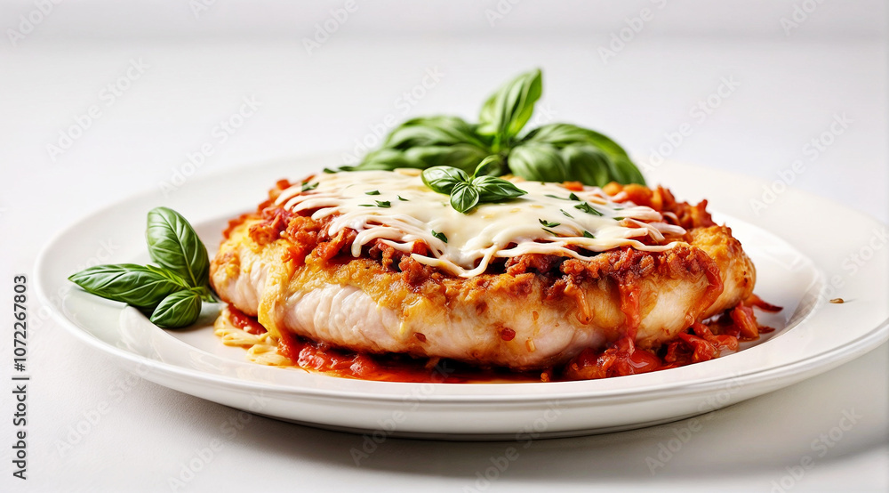 A plate of chicken parmigiana with tomato sauce and herbs, garnished with basil leaves and a sprig of rosemary. A plate of chicken parmigiana with tomato sauce and herbs, garnished with basil leaves and a sprig of rosemary.