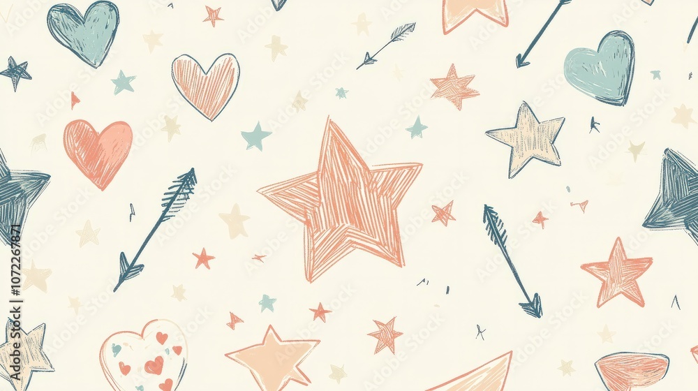 A playful seamless pattern featuring cute doodles of stars, hearts, and arrows A playful seamless pattern featuring cute doodles of stars, hearts, and arrows