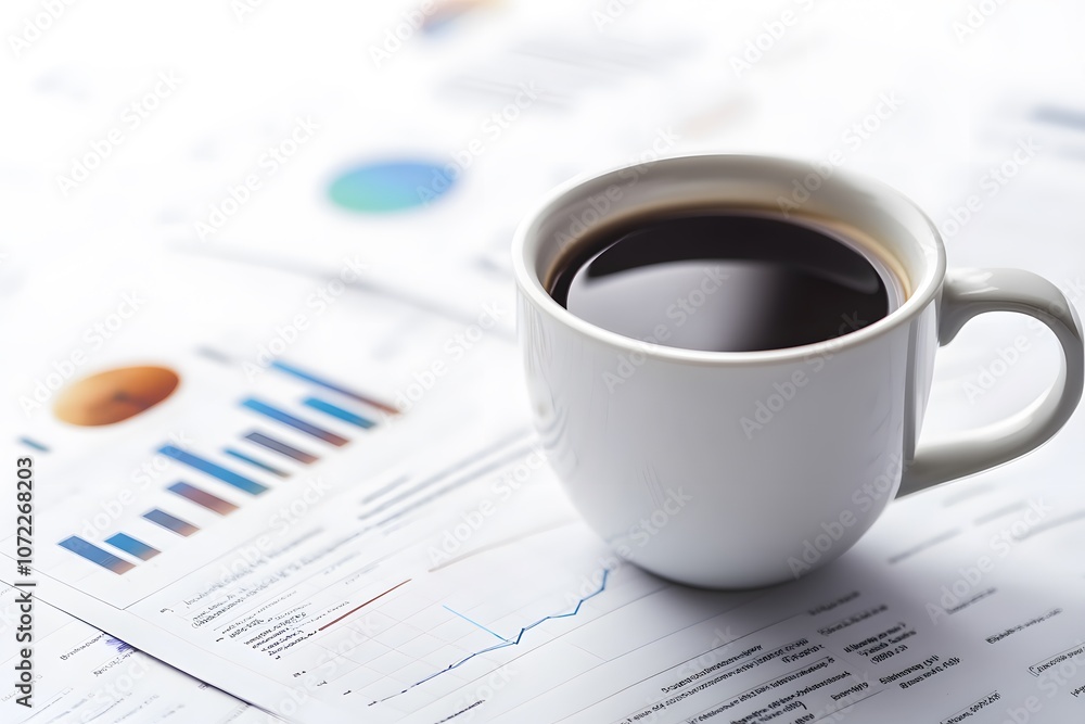 Coffee cup resting beside business reports with bar charts and pie charts on a white minimalist workspace Coffee cup resting beside business reports with bar charts and pie charts on a white minimalist workspace