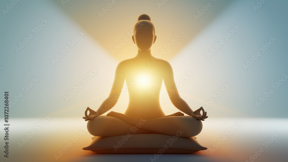 A serene female figure in meditation, radiating light from her heart center in a calming ambiance, symbolizing peace and inner harmony. A serene female figure in meditation, radiating light from her heart center in a calming ambiance, symbolizing peace and inner harmony.