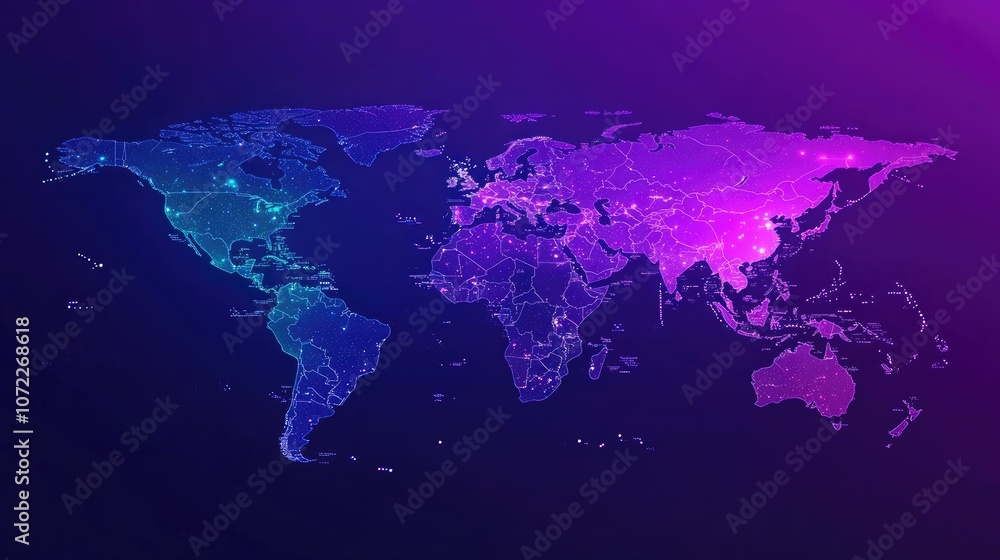 Obraz premium Cyber world map with connected nodes, holographic purple and blue, vibrant and minimalistic, smooth gradients, global network