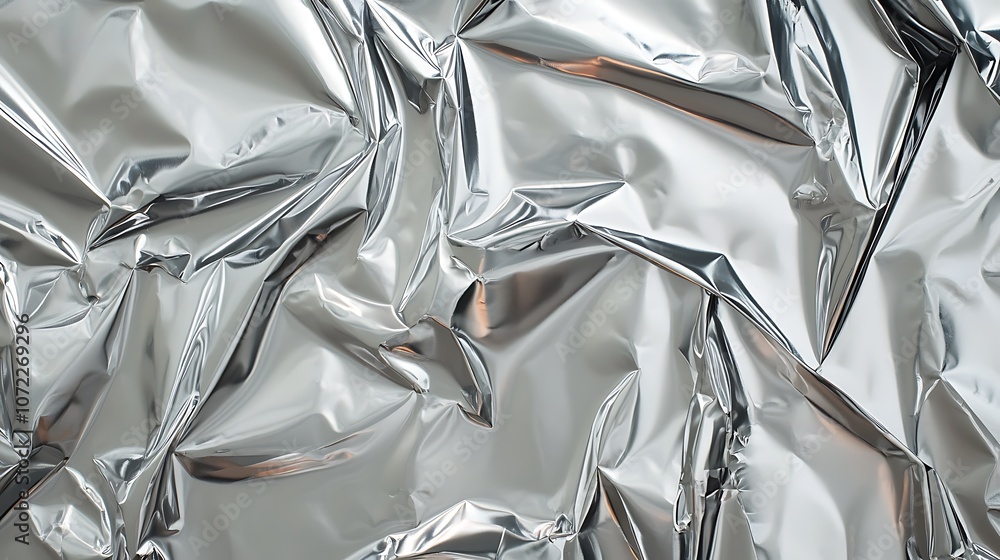 A close-up of crumpled metallic foil, showcasing its shiny texture and reflective surface. A close-up of crumpled metallic foil, showcasing its shiny texture and reflective surface.