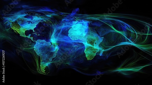 Digital Earth hologram with moving network lines, faintly glowing, deep blue and green shades, tech-enhanced realism 