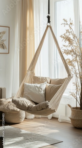 Cozy Living Room with Hammock Chair and Natural Decor