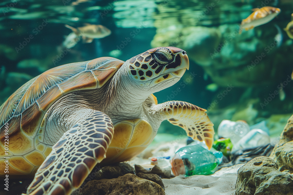 Obraz premium Selective focus turtle in the ocean with garbage in the water, Contamination water pollution with micro plastic harming to sea creature, Aquatic animal endangered cause.