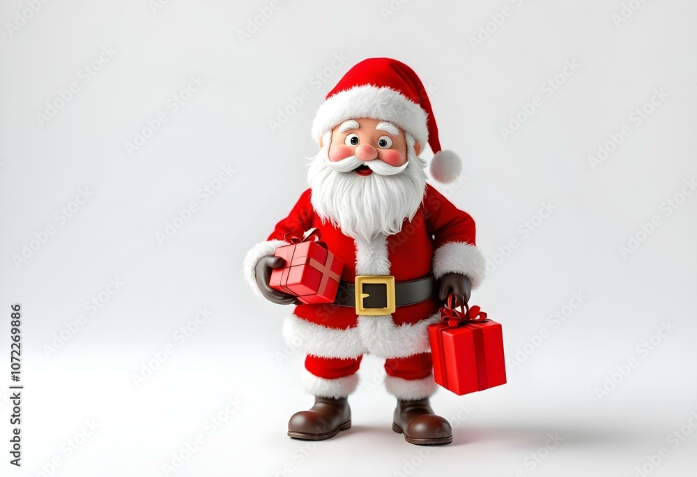 3D render of Santa Claus holding red gifts standing on an isolated white background. Santa Claus vector character set holding and giving Christmas gifts with surprise and happy face, Christmas element 3D render of Santa Claus holding red gifts standing on an isolated white background. Santa Claus vector character set holding and giving Christmas gifts with surprise and happy face, Christmas element