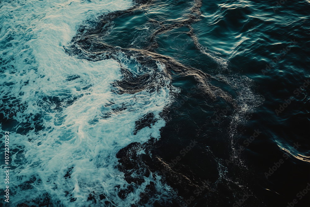 Landscape view of crude oil leaked in the ocean from cargo ship, Aerial view of oil leaked from oil rig harming to sea creature, Black petroleum oil spreading in the ocean. Landscape view of crude oil leaked in the ocean from cargo ship, Aerial view of oil leaked from oil rig harming to sea creature, Black petroleum oil spreading in the ocean.
