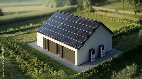 A modern house with solar panels surrounded by greenery, showcasing sustainable energy solutions.