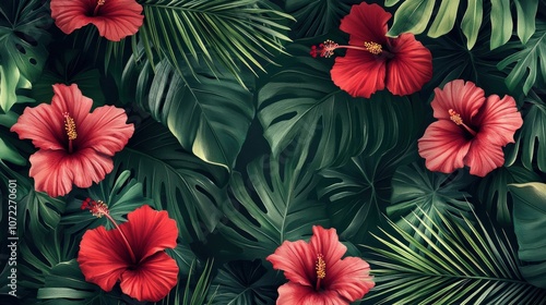 A tropical seamless wallpaper pattern with bold palm leaves and vibrant hibiscus flowers in rich greens and reds, perfect for creating a lively and exotic vibe in any room