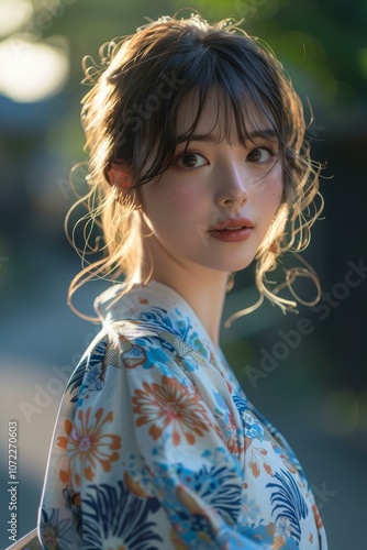 Portrait of a Beautiful Asian Woman in Traditional Japanese Kimono