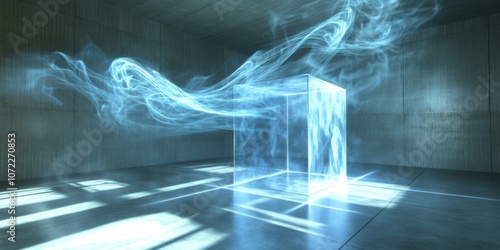 Dynamic orbital perspective of azure smoke spiraling in a cube-shaped room, prismatic corners, quantum minimalism photo