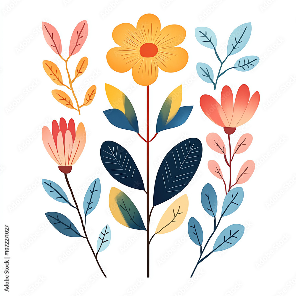 Colorful Botanical Illustration of Whimsical Flowers and Leaves on White Background Colorful Botanical Illustration of Whimsical Flowers and Leaves on White Background
