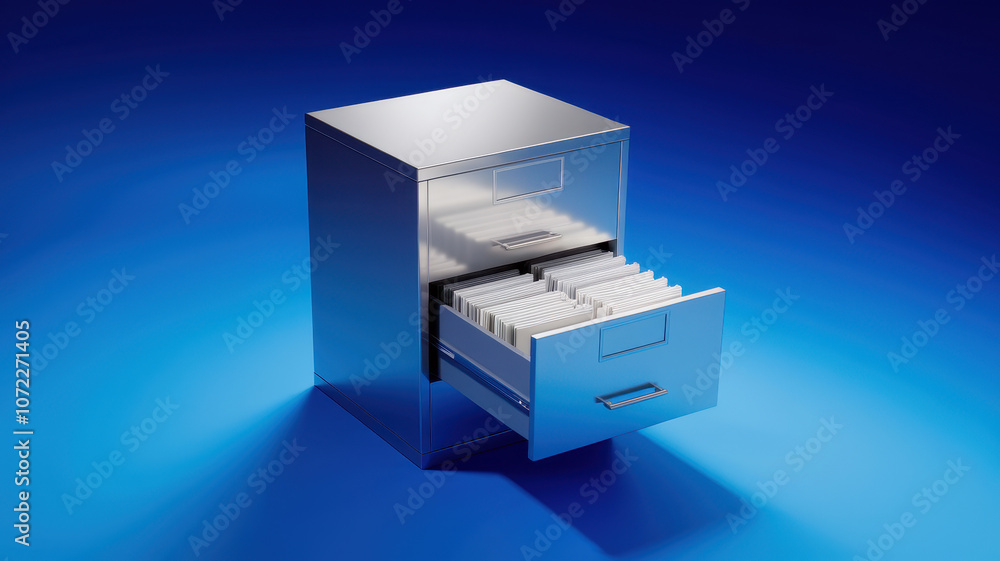 A sleek, modern metal filing cabinet with an open drawer showcasing neatly organized file folders against a vibrant blue background. A sleek, modern metal filing cabinet with an open drawer showcasing neatly organized file folders against a vibrant blue background.