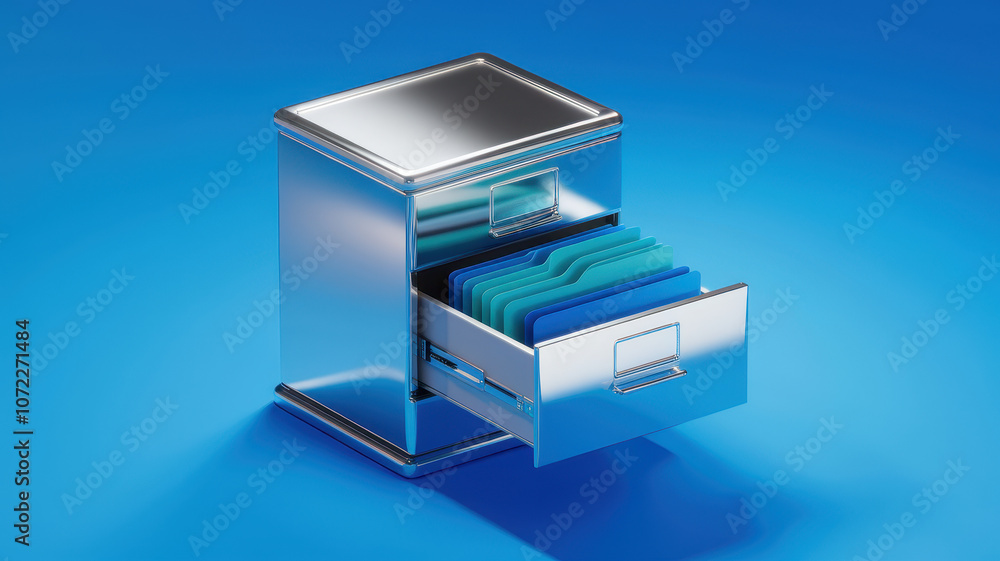 A sleek metallic filing cabinet with an open drawer showcasing neatly organized colorful folders on a vibrant blue background. A sleek metallic filing cabinet with an open drawer showcasing neatly organized colorful folders on a vibrant blue background.