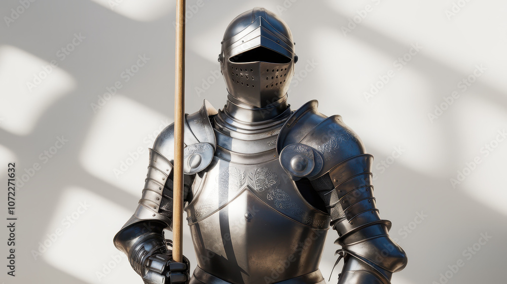 A medieval knight in polished armor stands proud, wielding a spear. The intricate designs on the armor reflect historical craftsmanship and attention to detail. A medieval knight in polished armor stands proud, wielding a spear. The intricate designs on the armor reflect historical craftsmanship and attention to detail.
