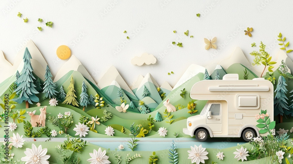 Charming paper art scene with a camper van driving through a lush, scenic landscape of mountains, trees, and flowers, capturing the joy of nature and outdoor adventure.
