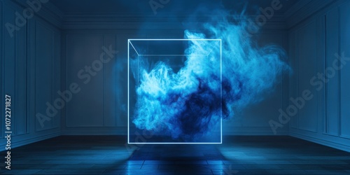 Dynamic orbital perspective of neon blue smoke swirling in a cube-shaped room, razor-sharp corners, brutalist design, dramatic LED rim lighting photo