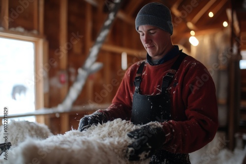 Sheep Shearing Process in a Cozy Barn Environment photo