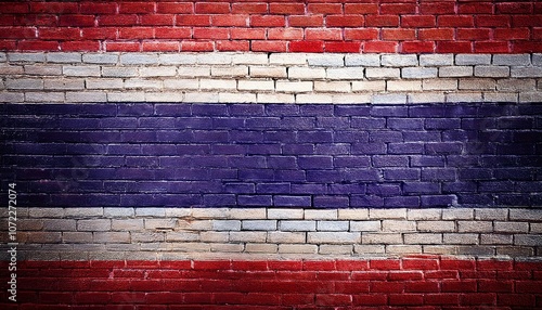 タイの国旗がペイントされたレンガの壁。(Brick wall painted with the Thailand flag.) 